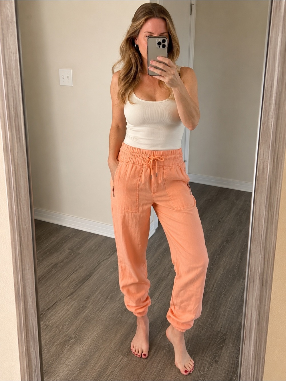 Athleta Cabo Linen Joggers Peach Drawstring Zip Pocket Pants Size 6